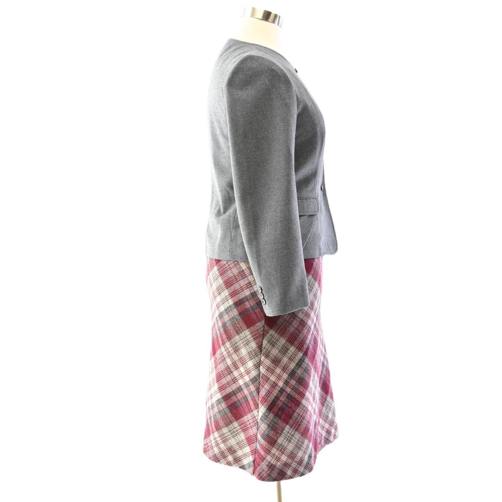 Vintage Burgundy Plaid Skirt Suit Set Womens M 70s Gray Collarless Levis Blazer - Picture 5 of 5